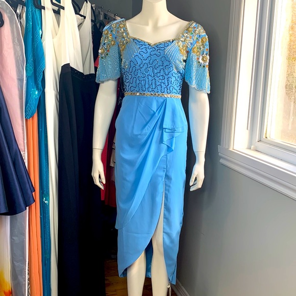 Virgos Loung Blue Beads Embellished Dress Tulip Midi Formal Small New - Picture 4 of 13